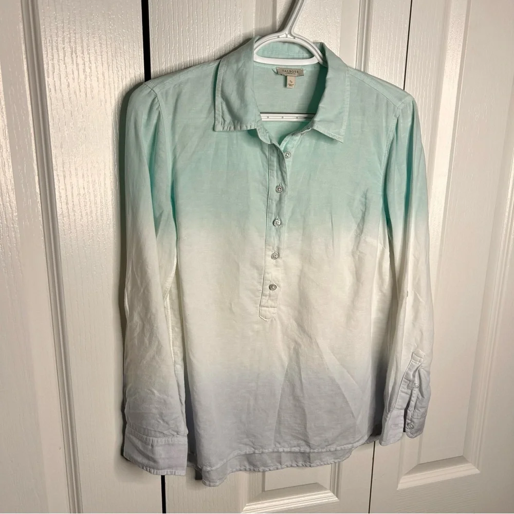 Talbots‎ Petite Linen Blue White Ombre Pullover Coastal Collared Preppy Shirt SP - Picture 3 of 7